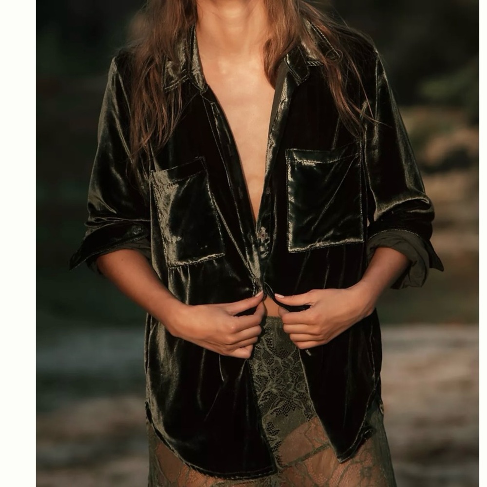 Pilcro Anthropologie Velvet Dark Olive Green Button Down Top XS